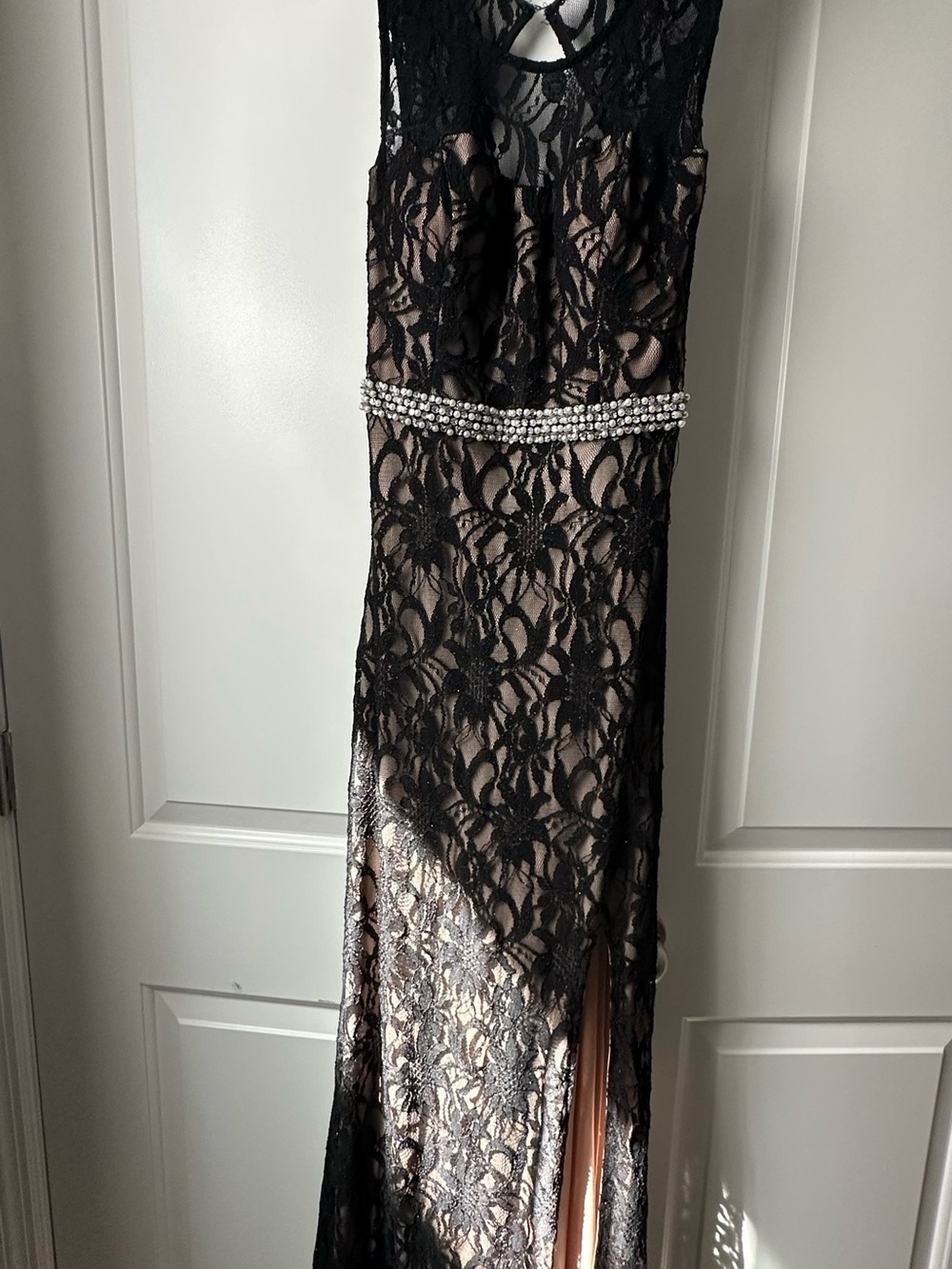 City Triangles Black Lace Gown with Nude Lining and Crystal Pearl Belt